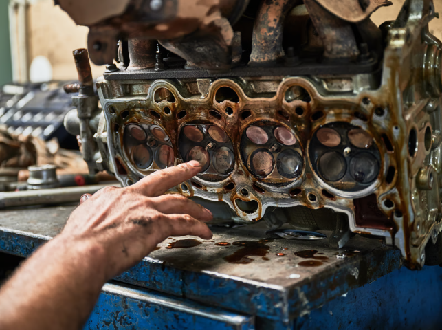 Upper half of an engine block with engine valves